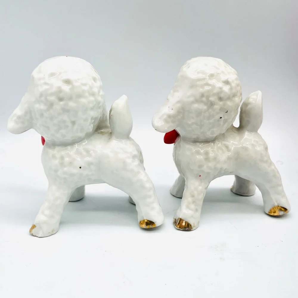 Japan Pair Lamb Figurine Set Red Bow Gold Feet Christmas Anthropomorphic